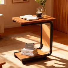 간단한 C 자형 커피 테이블 소파 사이드 테이블 모바일 테이블, 원목색