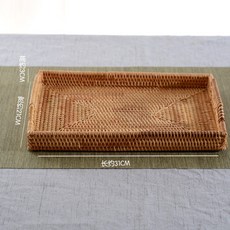 東南亞藤編 託盤 茶盤 長方形手工編織收納籃 31x21x4cm, 棕色