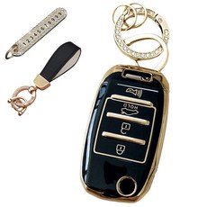 루루형제 기아 호환 자동차 프리미엄 TPU 키 케이스 + 번호키링 + 가죽 스트랩, 다크블랙, AK-12