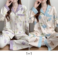 1+1 임산부 잠옷 상하의 세트 봄 가을 임부용 프린트 긴팔 긴바지 파자마 편안한 홈웨어 JS