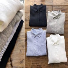 여성 천연 린넨 긴 소매 무지 칼라 셔츠