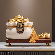 新中式招財元寶聚寶盆擺件，附實木底座與金元寶裝飾, 米色元寶聚寶盤+兩元寶  實木底座【禮盒装】