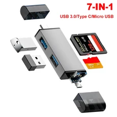 유형 C TF SD 카드 판독기 C-USB OTG 어댑터 7 in 1 USB3.0 2.0 노트북 용 알루미늄 합금 플래시 드라이브, 01 China Mainland, 01 7 IN 1 USB3.0