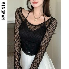 섹시 펀칭 레이스 시스루 크롭 긴팔 홀복 블라우스 허리 슬림 라운드넥 여름 화이트 블랙