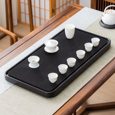 實木茶盤組：原木泡茶盤、功夫茶具茶台，家用辦公室適用, 1個, 黑檀色80*40+白瓷6杯+六重礼