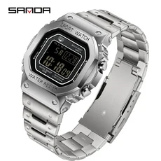 SANDA G 스타일 남성용 전자 시계 스테인레스 충격 방지 LED 디지털 밀리터리 카운트다운 스포츠, 03 2162 Silver black