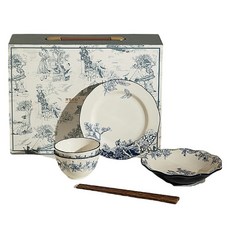스타플러스 햅번 캣 4종 식기 세트, 화이트 + 블루, 1개, 공기 2개입 + 찬기 + 접시 + 젓가락 2개입