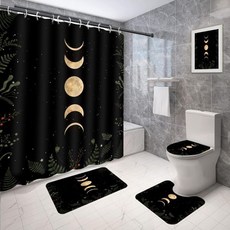 4 PCs Gold Moon Phase Bathroom Set Gothic Shower Curtain 60x72 Inch with Non-Slip Rug U Shaped M, 옐로우, 60"W x 72"L (Pack of 4)