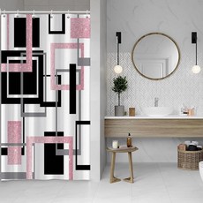 Baocicoo 모던 기하학 샤워 커튼 세트 블랙 화이트 블루 욕실 사각형 추상 미니멀리즘 목욕 방수 내구성 후크 포함 91.4 x 182.9cm(36 72인치), 핑크