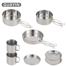 Guayin 스텐 캠핑 코펠 세트 아웃도어 야외 주방용품 식기 그릇 컵 냄비세트 8p 2-3인용 GYC090, 은색, 1세트