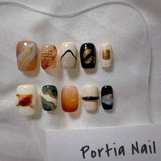 Portia Nail 純手工穿戴甲 日系輕奢大理石紋撞色暈染美甲片, 1個, 山奈（新短方15mm,XS