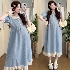 임산부 롱 원피스 여름 임부복 루즈핏 체크 프릴 레이스 패치 원피스 롱스커트 데일리 캐주얼 임부 원피스 YXF