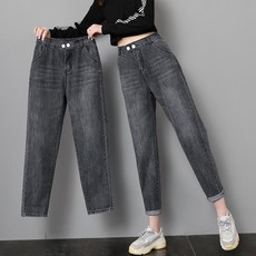 AOKADA 여성 스판 데님 배기 팬츠 밴딩 하이웨스트 슬랙스 9부 청바지