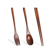 日式木製餐具組 天然木筷 木湯匙 木叉 環保和風餐具 婚禮小物首選, 1個, 楠木餐具3件組, 棕色, 組合餐具