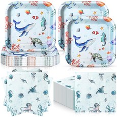 Zhehao 부활절 접시 및 냅킨 72개 세트 36개 17.8cm(7인치) 정사각형 토끼 생일 파티 용품 일회용 디너 디저트 식기 장식, 바다 동물, 라이트 블루