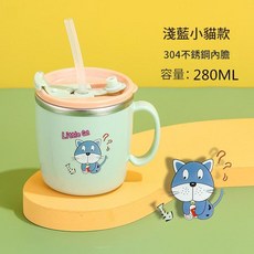 304不鏽鋼兒童水杯 帶蓋卡通小學生口杯, 淺藍小貓吸管杯 280ML304內膽, 1個