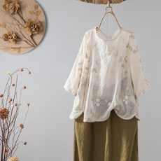 ORZQU 여성 루즈핏 자수 면마 반팔 빅사이즈 티셔츠 생활한복 개량한복