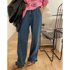 프릴 청바지 옷단 여성용 슬림핏 하이웨스트, A. 파란색