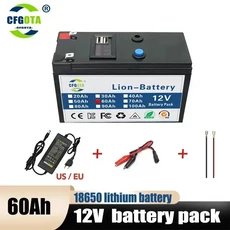 12V 배터리 100Ah 18650 충전식 LiFePO4 리튬 내장형 5V 2.1A USB 전원 디스플레이 포트 3A, 04 60Ah