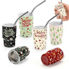 ECLATIS STFALI 귀여운 샷 잔 세트 빨대 포함 59.1ml2온스 뚜껑과 빨대가 있는 미니 텀블러 에스프레소 커피 증류주를 위한 Kawaii 단열 물건 재미있는, 6팩 - 크리스마스