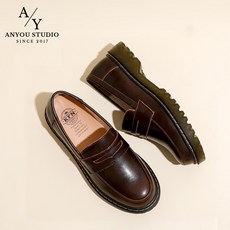 ANYOU 여성 천연 가죽 구두 심플 컴포트 소프트 키높이 통굽 로퍼 2 colors