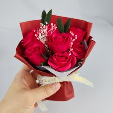 로즈블랑 시들지않는 장미 비누꽃 17cm 7송이 미니꽃다발 + 선물포장 + 메시지카드 세트 답례품 단체선물 납골당 조화, 레드, 1개