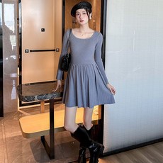 임부 긴팔 니트 원피스 임산부용 가을 겨울 스퀘어넥 플리츠 심플한 A라인 드레스 LCL