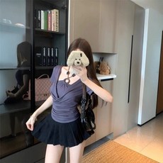 Yellwel조합 투피스 반팔 티셔츠 여성 여름 슬림 허리 조절 탑 DJP