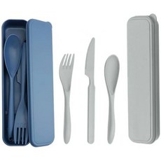 징이허 2세트 대형 여행용 식기 세트 케이스 포함 캠핑용 재사용 가능한 야외 휴대용 플라스틱 나이프 스푼 포크 점심 도시락 학교 업무 피크닉 파랑 + 회색