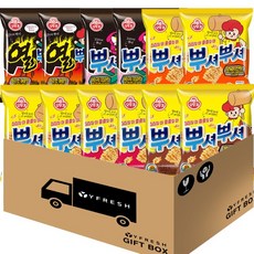 뿌셔뿌셔6종 90g(바베큐맛2 떡볶이맛2 양념치킨맛2 불고기맛2 버터구이 오징어맛2 화끈한매운맛2) + YFRESH박스