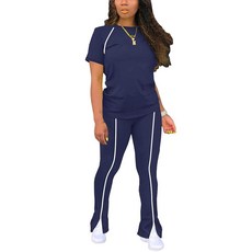 STOLKISS 여성용 투피스 의상 여름 운동 스웨트수트 스트라이프 반소매 롱 플레어 팬츠 캐주얼 휴가 트랙수트 692 블랙 라지, 벤조 블루