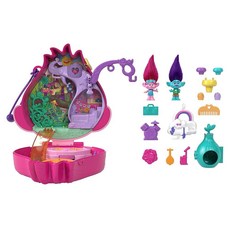 Polly Pocket 트롤 컴팩트 놀이 세트 마이크로 인형 2개 및 액세서리 13개 부드러운 머리카락이 있는 양귀비 외관 양귀비 및 가지가 포함된 수집용 장난감, Polly Pocket 트롤 컴팩트 놀이 세트, 마이크