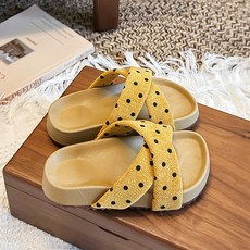 一字型厚底拖鞋女 波點時尚涼拖 海邊穿搭 沙灘鞋 配裙子 透氣舒適 防滑底 室內室外兩用+黃色+26-30碼一箱拍50雙