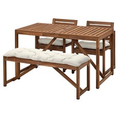 이케아 넴마뢰+쿠다르나 야외테이블+의자2+벤치+쿠션 140x75cm, 라이트 브라운/라이트그레이베이지