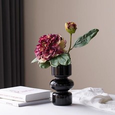 仿真牡丹花 2頭 焦邊 富貴牡丹花 牡丹花盆景 客廳裝飾擺件花束新款花牡丹假花花卉, 1個, 牡丹酒紅色+黑色玻璃花瓶