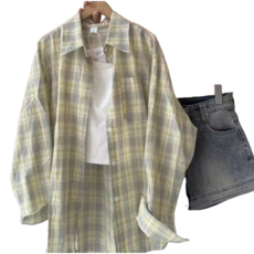 쌍천 여성 여름 체크셔츠 사계절 자외선 차단 상의 얇은 셔츠