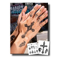 UBICA 반영구 타투 남성용 현실적인 임시 타투 2장 손 목을 위한 가짜 타투 2주 지속 방수 비반사성 메멘토 모리 & 스파이더 디자인 타투, Gothic Cross & Fingers Tattoo
