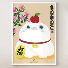 퍼플더스트 사과 복 고양이 그림 마네키네코 이자카야 일식 인테리어, 화이트액자 조립포함