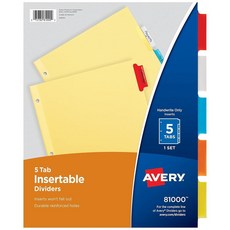 Avery 3개의 링 바인더용 삽입 가능한 칸막이 5탭 세트 버프 페이퍼 멀티컬러 디바이더 탭 바인더 디바이더 1세트 프로젝트 보고서 재정 등을 정리하는 데 적합, Avery 3개의 링 바인더용 삽입 가능한 칸막이, 5