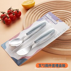 兒童餐具月牙叉勺套裝304不鏽鋼硅膠吃飯勺子筷子叉子寶寶輔食勺, 1個, 1個, 藍色月牙 叉勺套裝