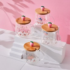 Louis and Topfel草莓造型玻璃杯+木質杯蓋 4入組, 混色