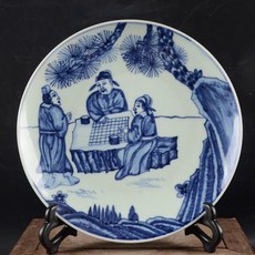 清光緒年制 手繪青花三老下棋盤子, 如圖所示