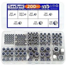 NexSync 304不鏽鋼尼龍自鎖螺母 M2-M8 200件組, 1個, 200PCS DIN985內六角尼龍自鎖