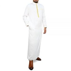 전통적인 남성용 긴소매 Thobe 골드 톤 자수와 발목 길이 디자인 화이트. 스몰