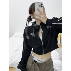 QWEEK Y2K 여성용 빈티지 집업 크롭 후디 한국 패션 스트라이프 블랙 재킷 여성 Kpop Egirl 하라주쿠 스웻셔츠 봄