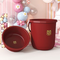 水桶 提水桶 釣魚桶 洗衣桶 戶外水桶 露營水桶 塑料水桶家用提手帶蓋大號喬遷之喜搬家紅桶加厚紅色喜桶喜慶結婚, 中國紅中號臉盆一個,無規格