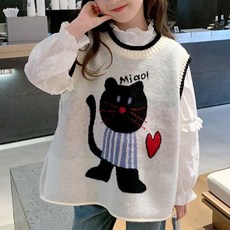 로르카 14세 이상 사용 가능 여아 고양이 자수 니트 민소매 캐주얼 베스트