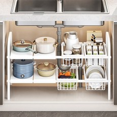 Tiger Pavilion 폭조절 싱크대 하부장 정리선반 2단 4보드 바구니 4개 포함, 1개, 화이트