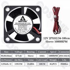 쿨링팬 12V DC 브러시리스 냉각팬 저소음 컴퓨터 PC 전자기기 환풍팬 GDSTIME 3010 팬 24V 듀얼 볼 베어링 30x10MM 5V 냉각 30MM 마이크로 자동차 램프, 11)1PC 3010 Axial Fan, 12V Sve 2P-100CM