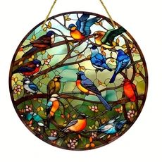 붉은 새 Suncatcher 크리스마스 반투명 아크릴 라운드 로그인 매달려 장식 휴일 선물 현관 벽 홈, 01 Acrylic-20x20cm, 13 11